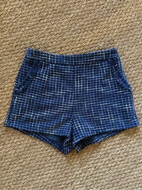 She + Sky Women’s High-Waisted Navy Tweed Shorts w/Fringed Pocket Trim